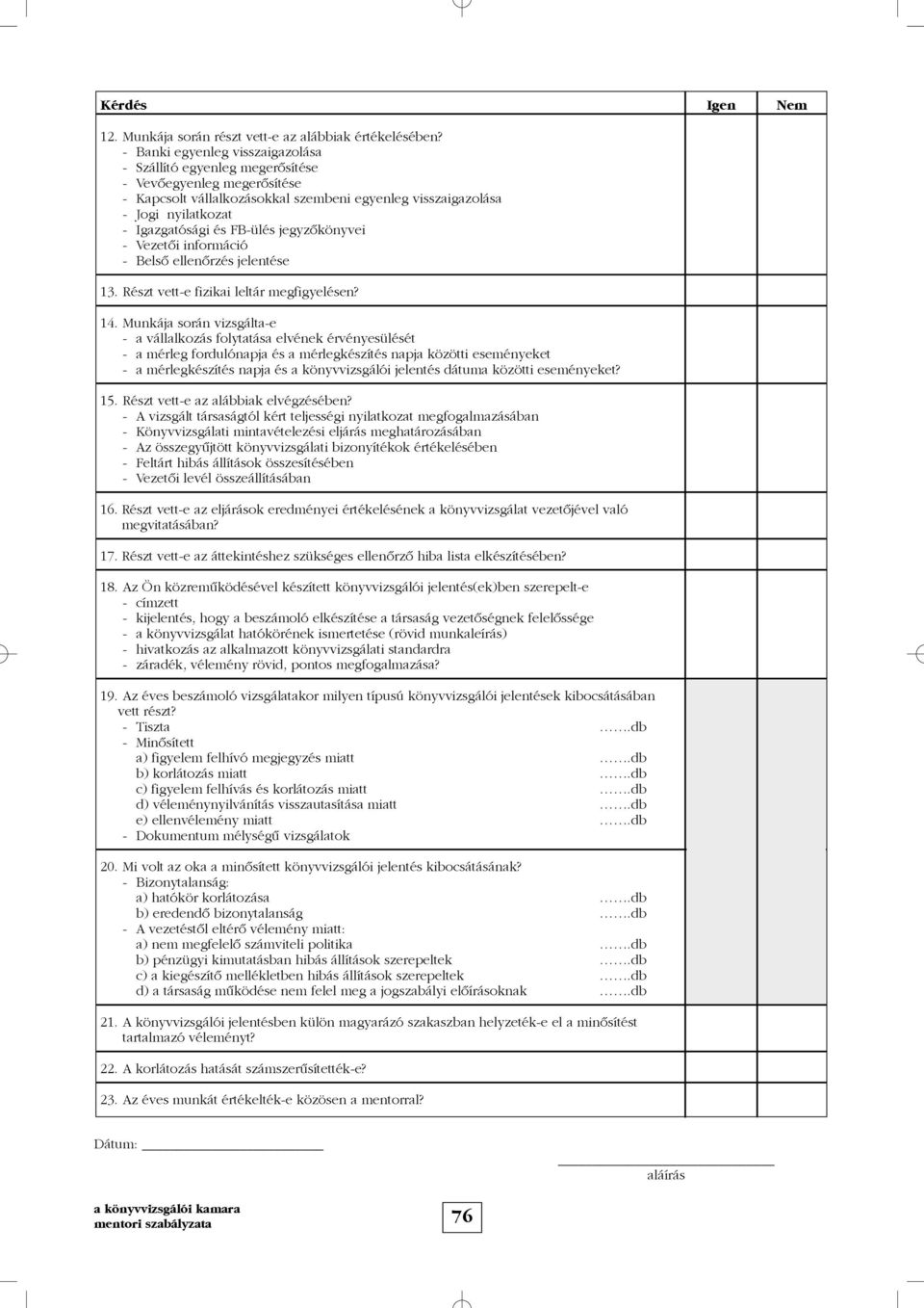 FB-ülés jegyzõkönyvei - Vezetõi információ - Belsõ ellenõrzés jelentése 13. Részt vett-e fizikai leltár megfigyelésen? 14.