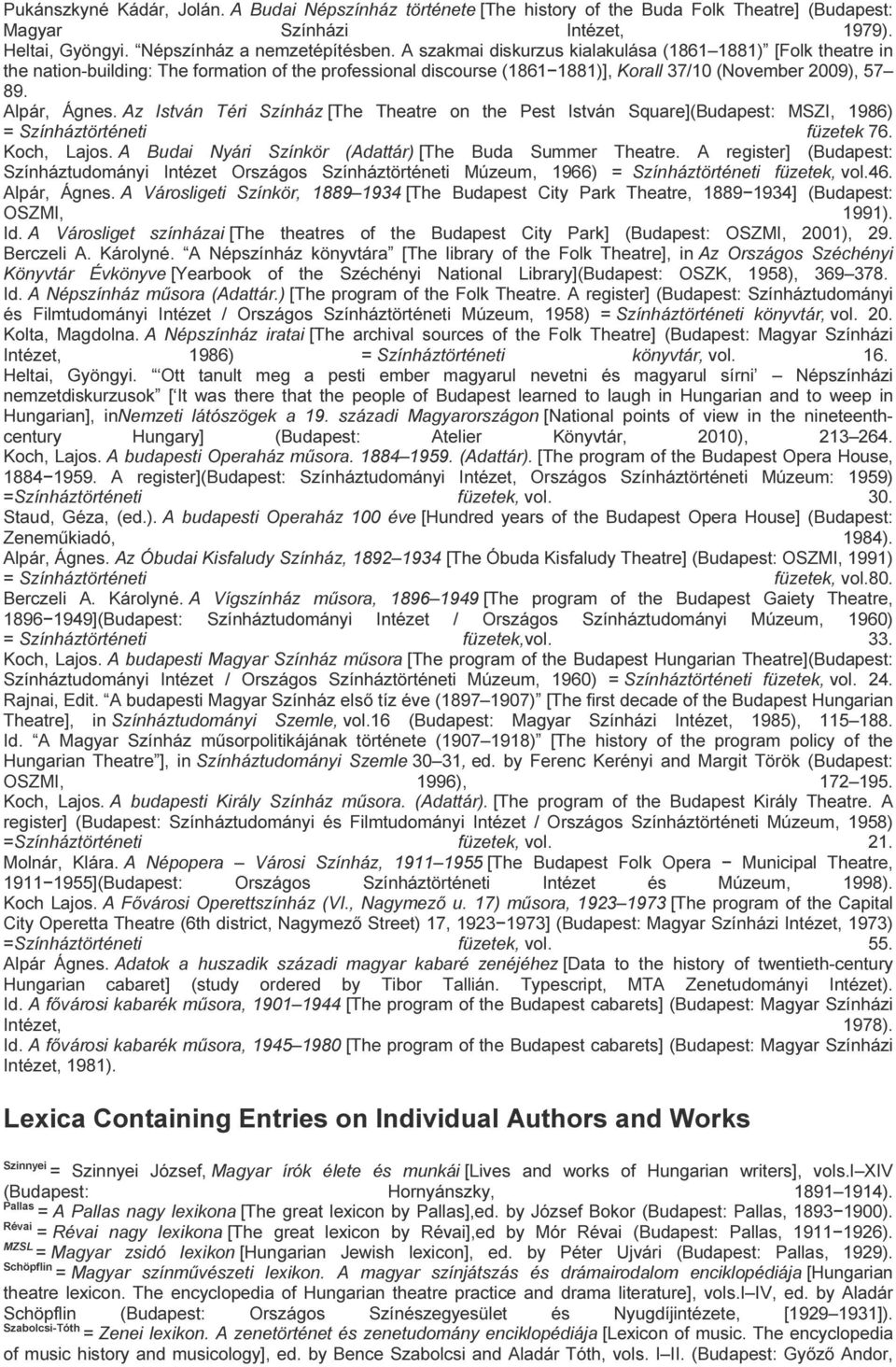 Az István Téri Színház [The Theatre on the Pest István Square](Budapest: MSZI, 1986) = Színháztörténeti füzetek 76. Koch, Lajos. A Budai Nyári Színkör (Adattár) [The Buda Summer Theatre.