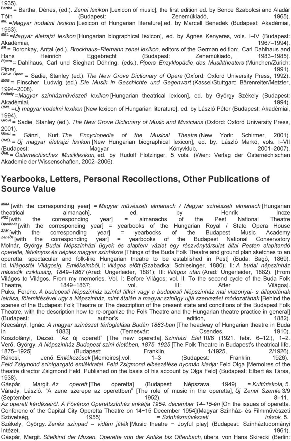 by Ágnes Kenyeres, vols. I IV (Budapest: Akadémiai, 1967 1994). BR = Boronkay, Antal (ed.). Brockhaus Riemann zenei lexikon, editors of the German edition:.