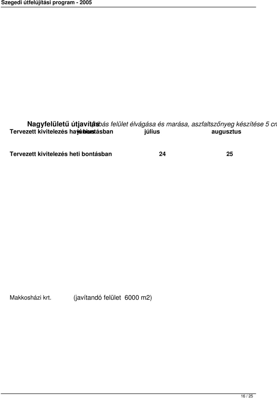 június bontásban július augusztus Tervezett kivitelezés heti