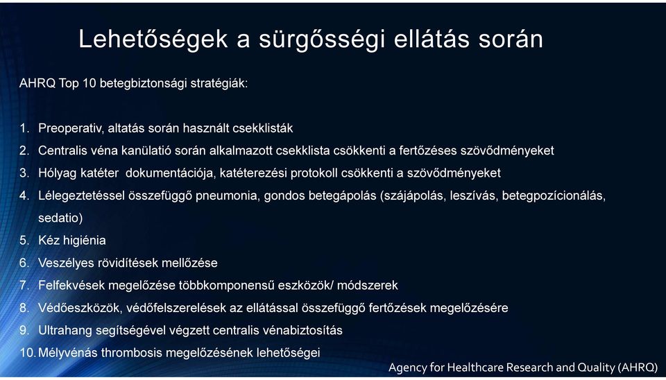 Lélegeztetéssel összefüggő pneumonia, gondos betegápolás (szájápolás, leszívás, betegpozícionálás, sedatio) 5. Kéz higiénia 6. Veszélyes rövidítések mellőzése 7.