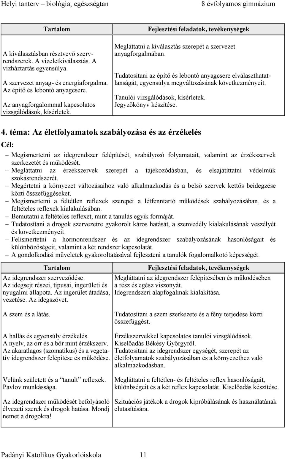 Tudatosítani az építő és lebontó anyagcsere elválaszthatatlanságát, egyensúlya megváltozásának következményeit. Tanulói vizsgálódások, kísérletek. Jegyzőkönyv készítése. 4.