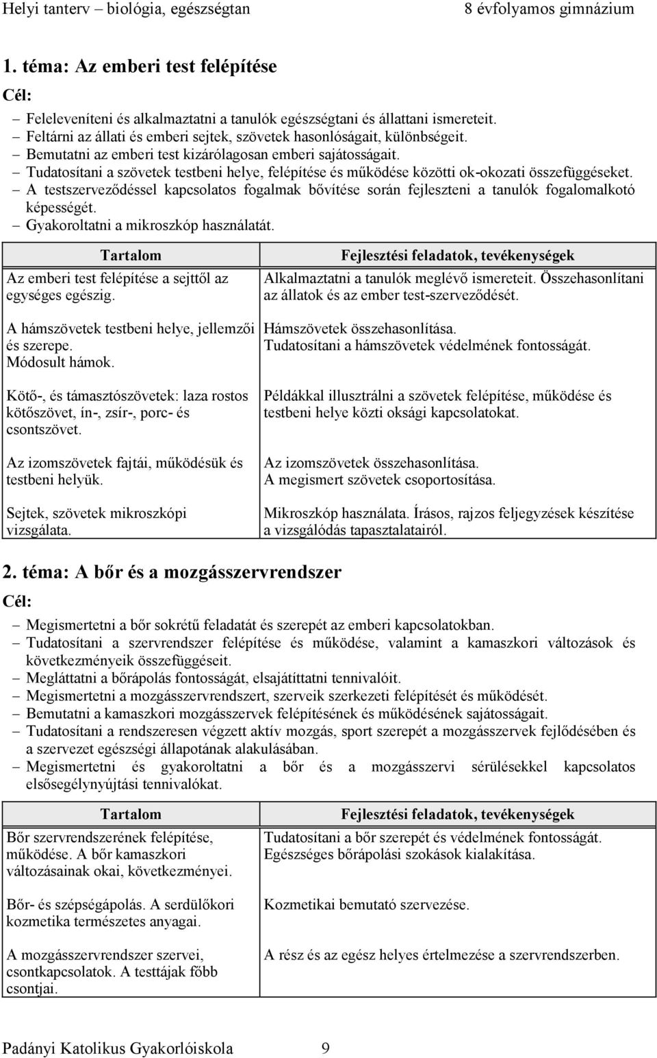 A testszerveződéssel kapcsolatos fogalmak bővítése során fejleszteni a tanulók fogalomalkotó képességét. Gyakoroltatni a mikroszkóp használatát.