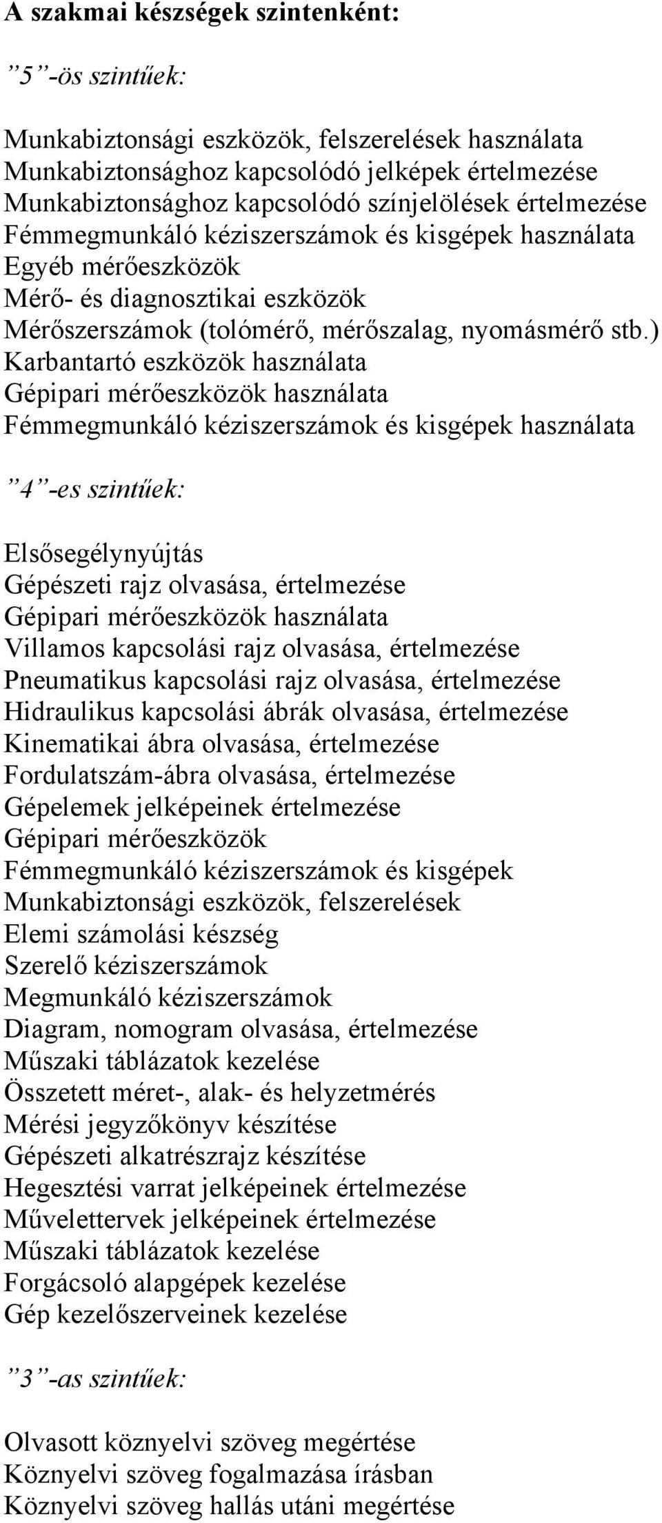 ) Karbantartó eszközök használata Gépipari mérőeszközök használata Fémmegmunkáló kéziszerszámok és kisgépek használata 4 -es szintűek: Elsősegélynyújtás Gépészeti rajz olvasása, értelmezése Gépipari