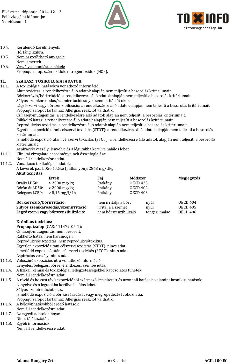 Bőrkorrózió/bőrirritáció: a rendelkezésre álló adatok alapján nem teljesíti a besorolás kritériumait. Súlyos szemkárosodás/szemirritáció: súlyos szemirritációt okoz.