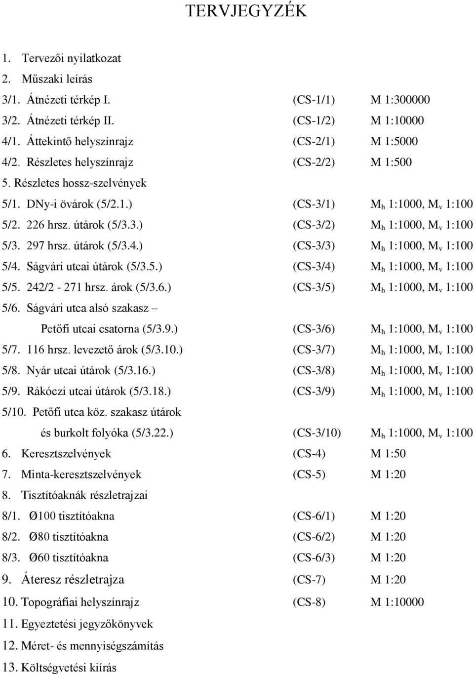 297 hrsz. útárok (5/3.4.) (CS-3/3) M h 1:1000, M v 1:100 5/4. Ságvári utcai útárok (5/3.5.) (CS-3/4) M h 1:1000, M v 1:100 5/5. 242/2-271 hrsz. árok (5/3.6.) (CS-3/5) M h 1:1000, M v 1:100 5/6.