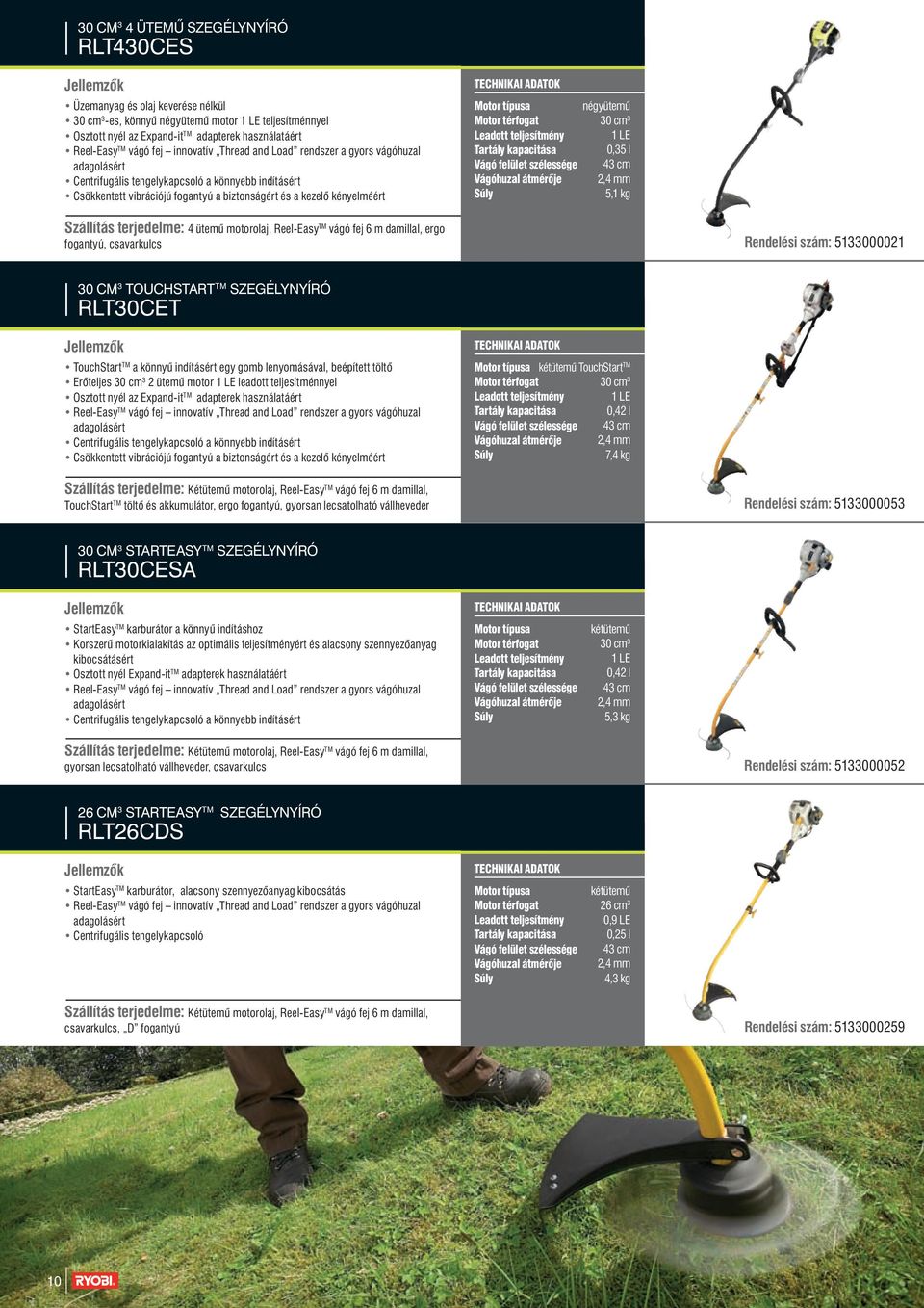 típusa Leadott teljesítmény Tartály kapacitása Vágó felület szélessége Vágóhuzal átmérője négyütemű 30 cm 3 1 LE 0,35 l 43 cm 2,4 mm 5,1 kg Szállítás terjedelme: 4 ütemű motorolaj, Reel-Easy vágó fej