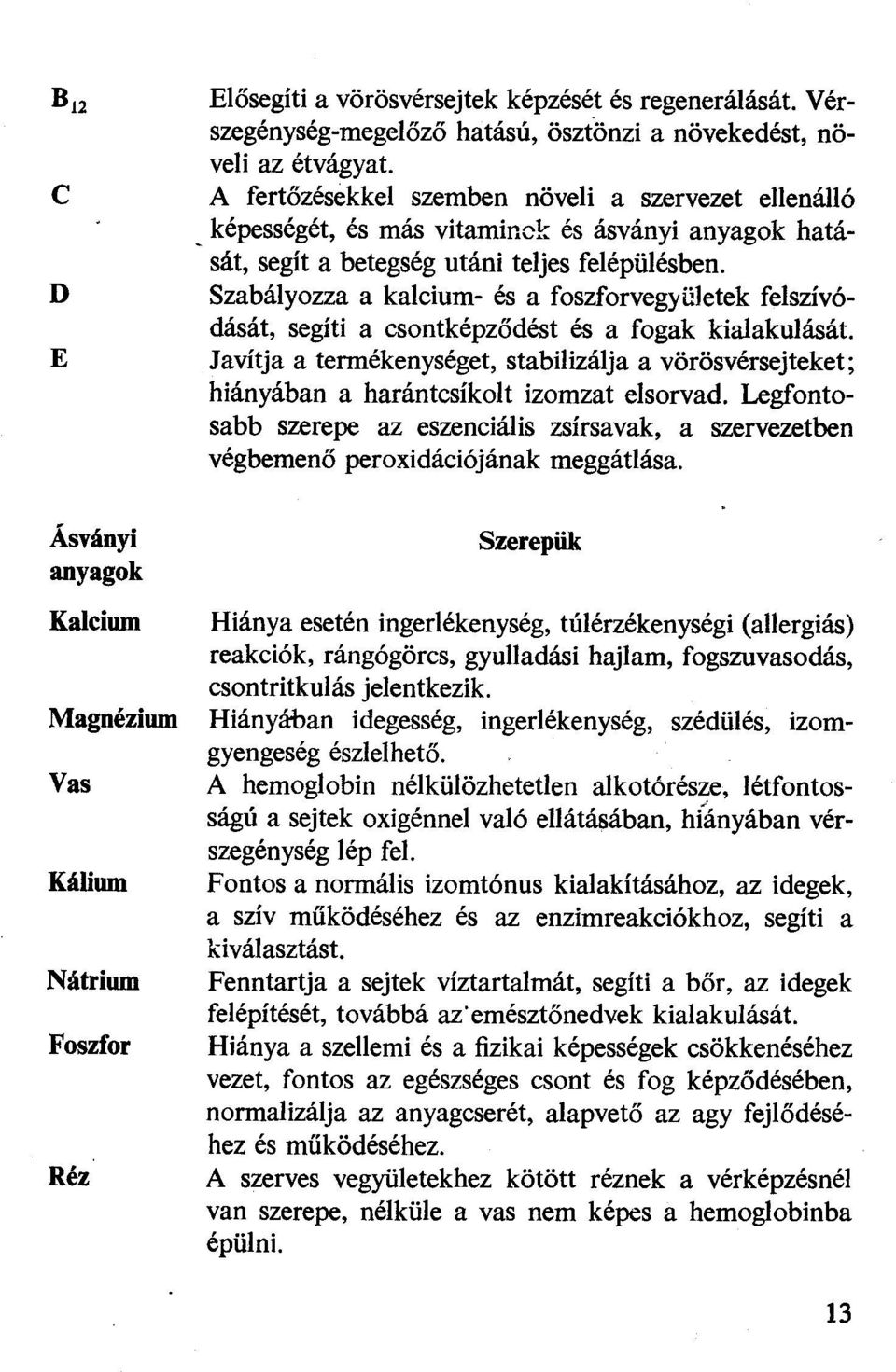 D Szabályozza a kalcium- és a foszforvegyü1etek felszívódását, segíti a csontképződést és a fogak kialakulását.