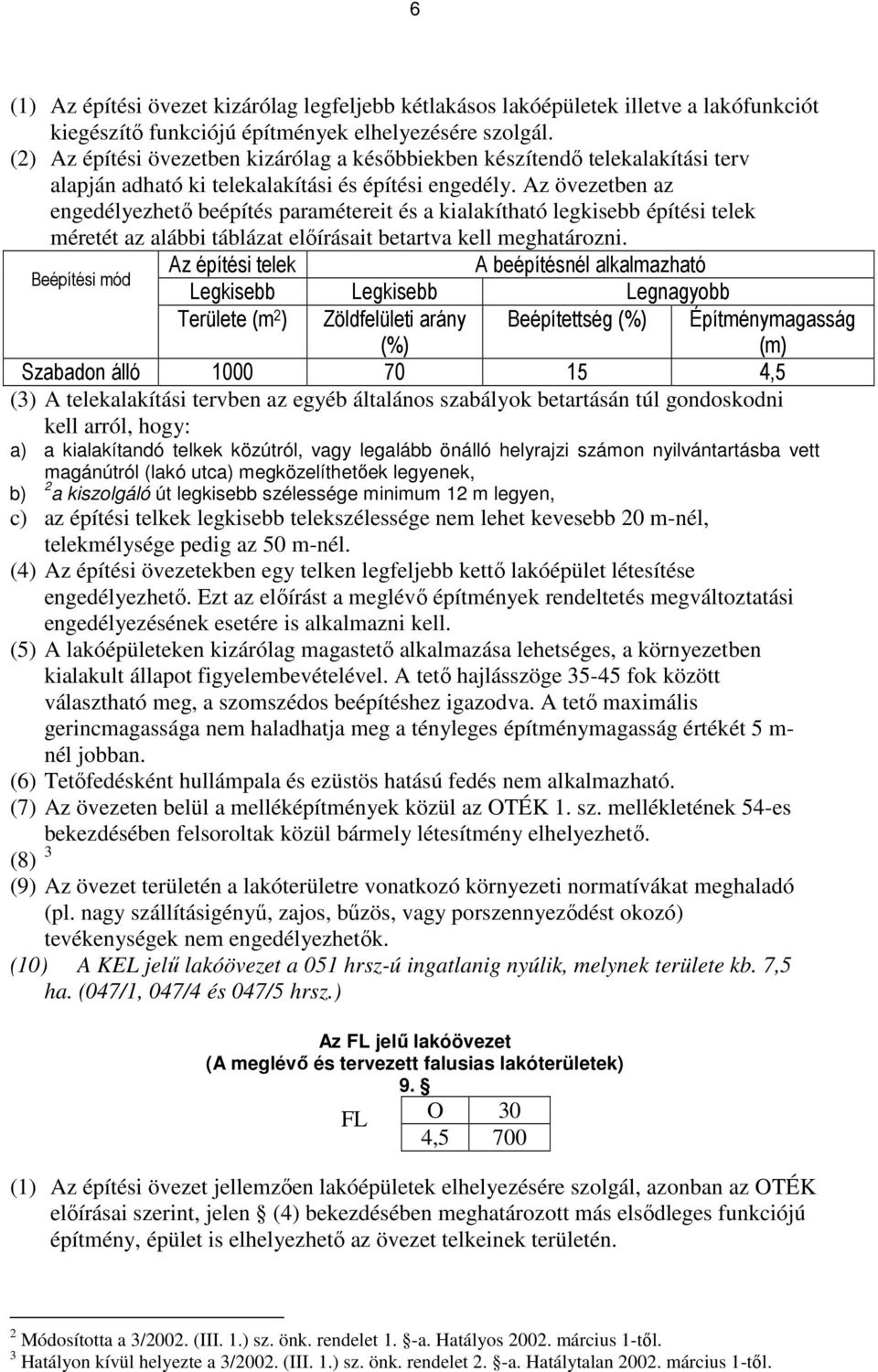 Az övezetben az engedélyezhetı beépítés paramétereit és a kialakítható legkisebb építési telek méretét az alábbi táblázat elıírásait betartva kell meghatározni.