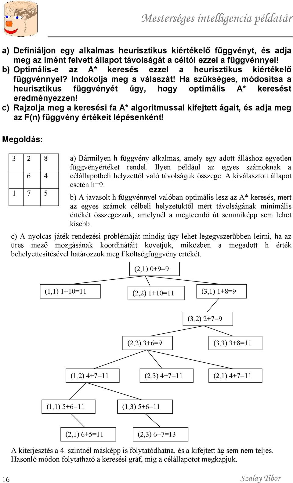 c) Rajzolja meg a keresési fa A* algoritmussal kifejtett ágait, és adja meg az F(n) függvény értékeit lépésenként!