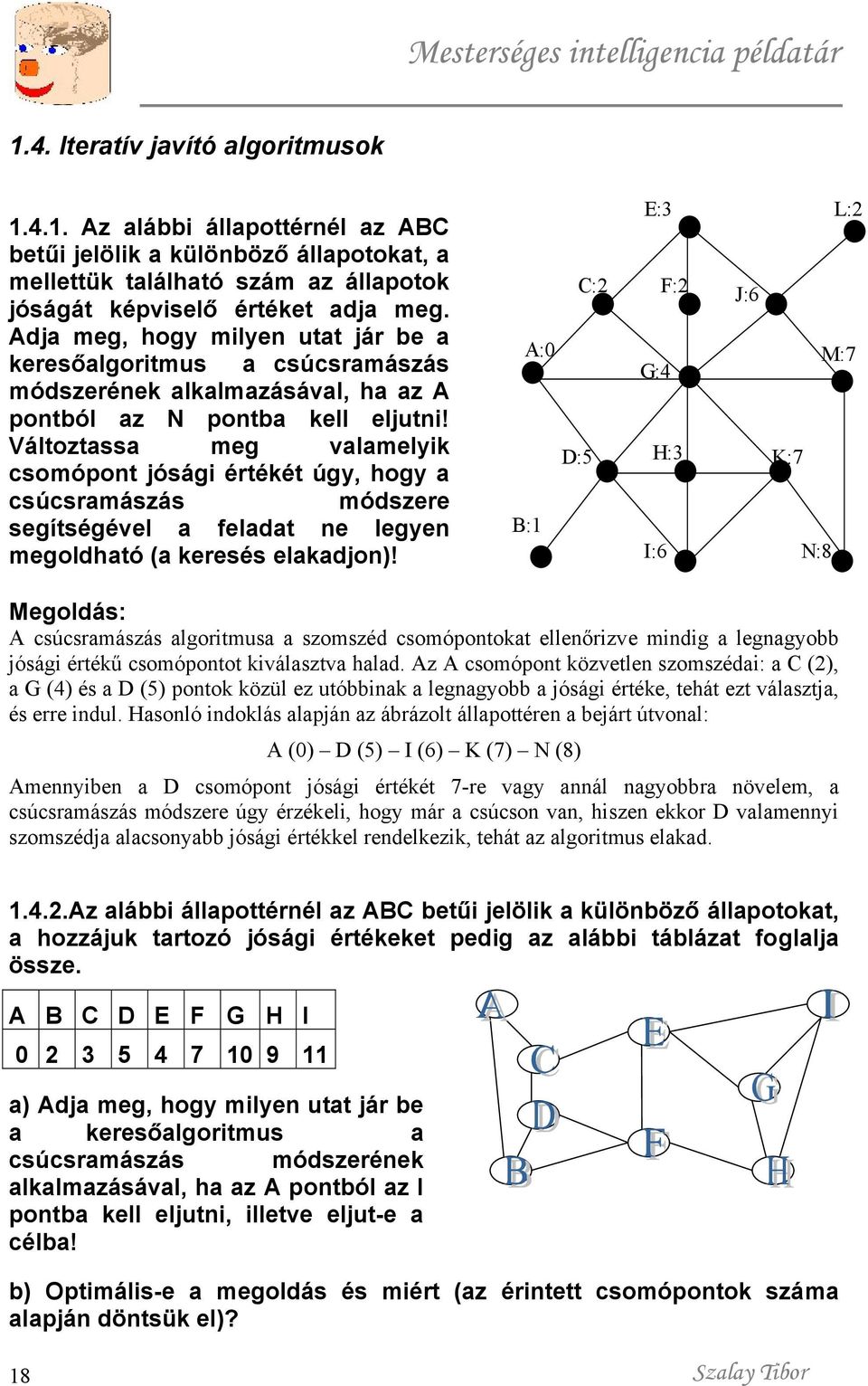 Változtassa meg valamelyik csomópont jósági értékét úgy, hogy a csúcsramászás módszere segítségével a feladat ne legyen megoldható (a keresés elakadjon)!