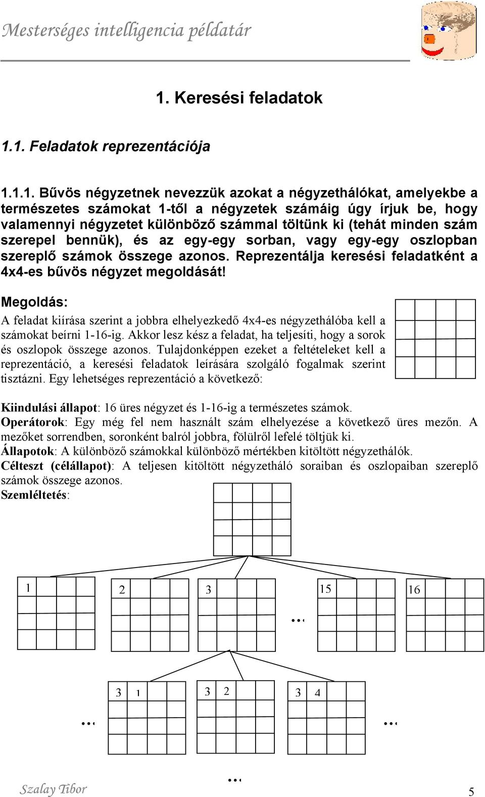 Reprezentálja keresési feladatként a 4x4-es bűvös négyzet megoldását! A feladat kiírása szerint a jobbra elhelyezkedő 4x4-es négyzethálóba kell a számokat beírni 1-16-ig.