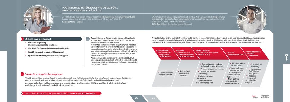 középfokú német és/vagy angol nyelvtudás Vezetői munkakörben szerzett tapasztalat Speciális követelmények szakterülettől függően A menedzsment utánpótlás program résztvevőit az Audi Hungaria