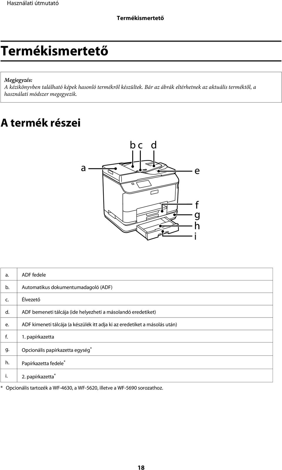 Automatikus dokumentumadagoló (ADF) c. Élvezető d. ADF bemeneti tálcája (ide helyezheti a másolandó eredetiket) e.