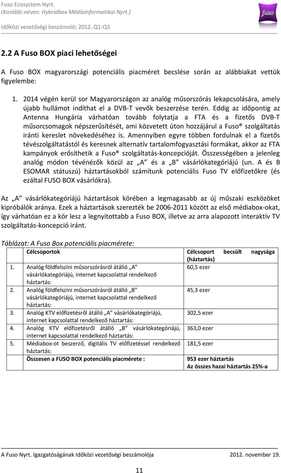 Eddig az időpontig az Antenna Hungária várhatóan tovább folytatja a FTA és a fizetős DVB-T műsorcsomagok népszerűsítését, ami közvetett úton hozzájárul a Fuso szolgáltatás iránti kereslet