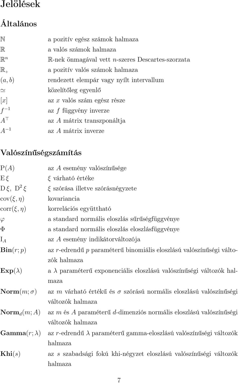 corr(ξ, η) ϕ Φ I A Bin(r; p) Exp(λ) Norm(m; σ) Norm d (m; A) Gamma(r; λ) Khi(s) az A esemény valószínűsége ξ várható értéke ξ szórása illetve szórásnégyzete kovariancia korrelációs együttható a