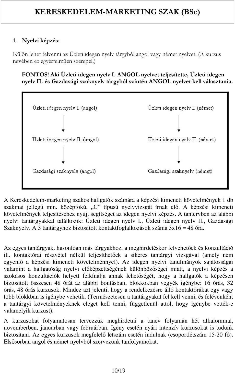 A Kereskedelem-marketing szakos hallgatók számára a képzési kimeneti követelmények 1 db szakmai jellegő min. középfokú, C típusú nyelvvizsgát írnak elı.