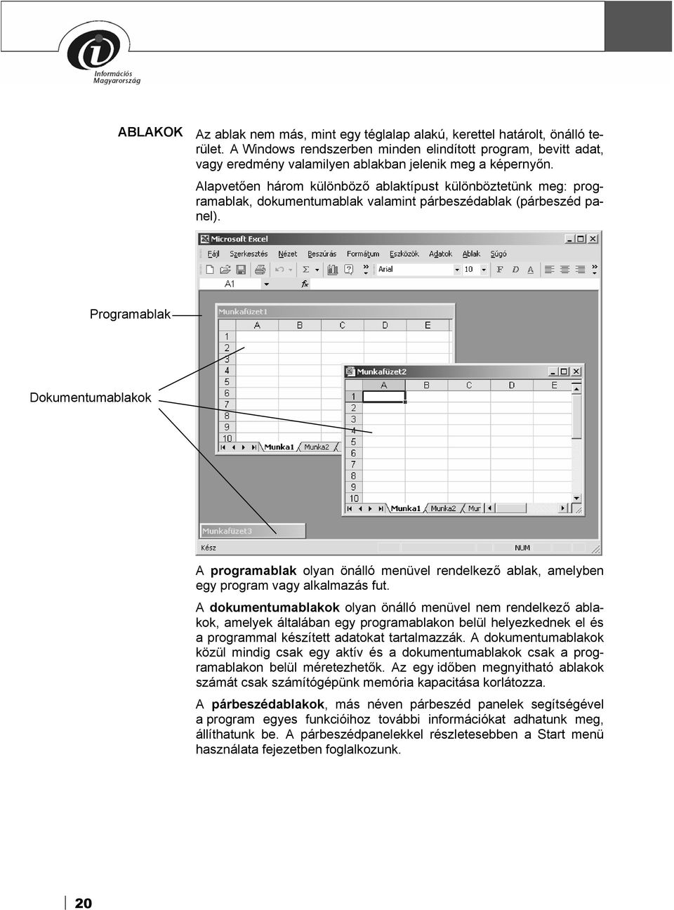 Alapvetően három különböző ablaktípust különböztetünk meg: programablak, dokumentumablak valamint párbeszédablak (párbeszéd panel).