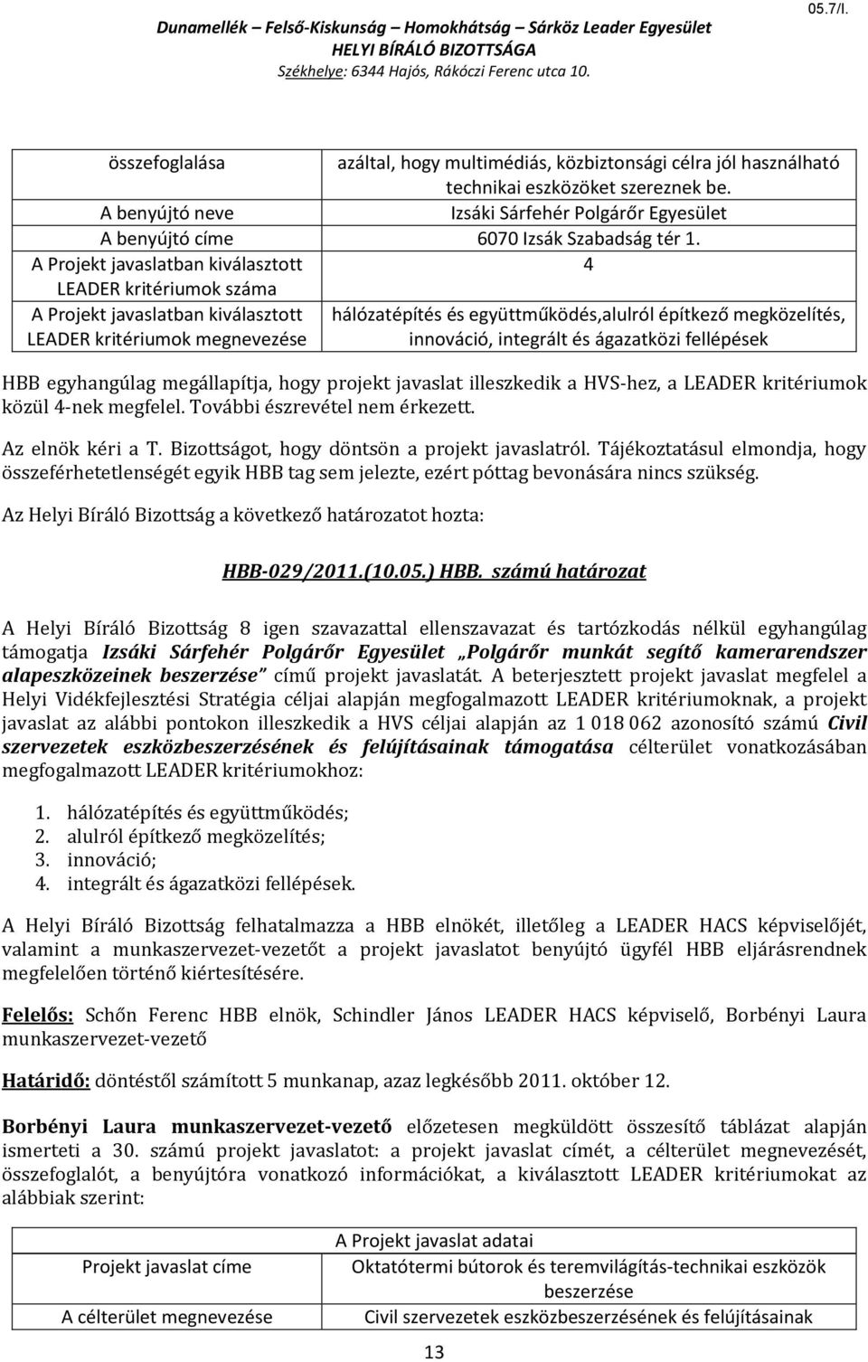 számú határozat támogatja Izsáki Sárfehér Polgárőr Egyesület Polgárőr munkát segítő kamerarendszer alapeszközeinek beszerzése című projekt javaslatát.