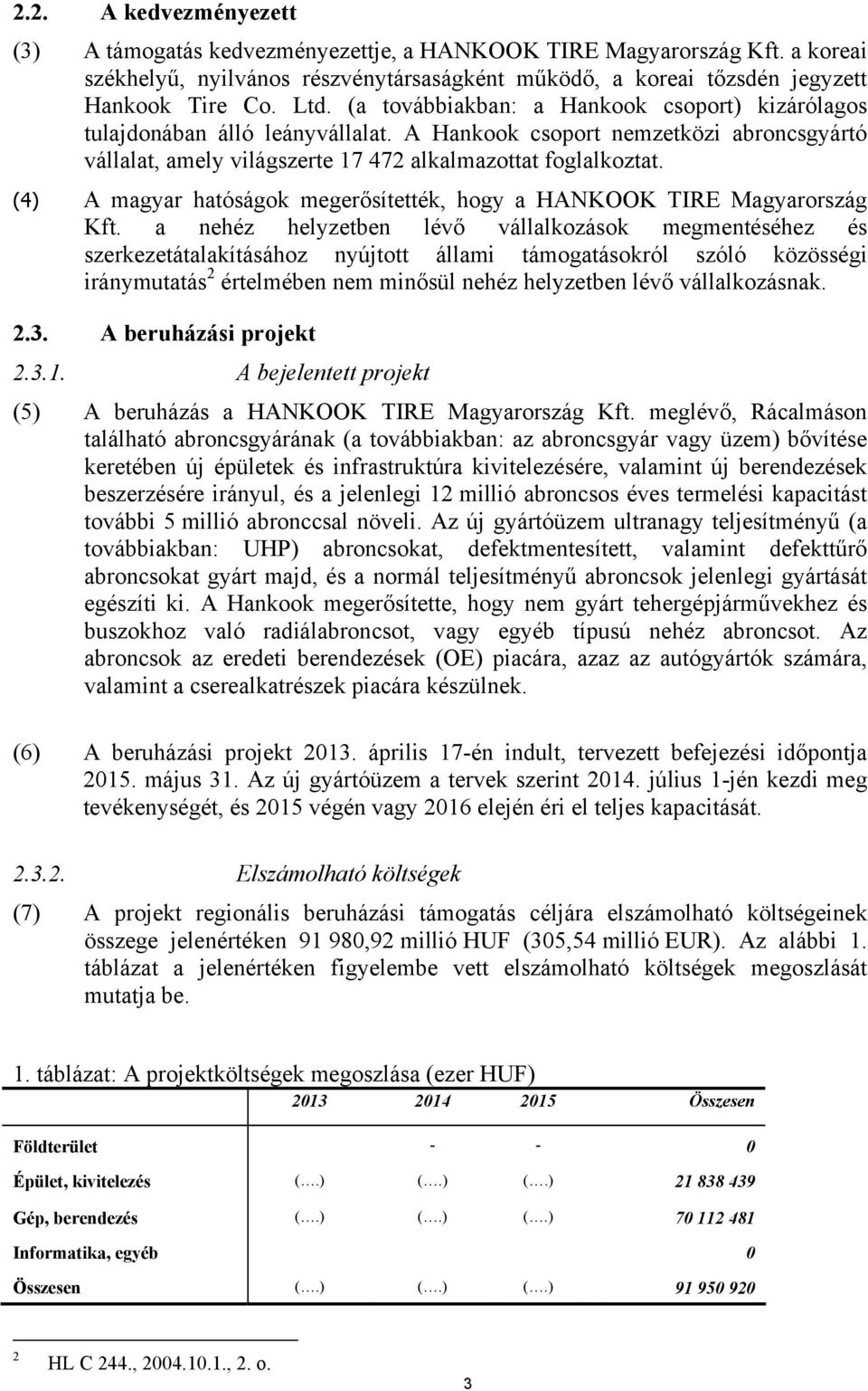 (4) A magyar hatóságok megerősítették, hogy a HANKOOK TIRE Magyarország Kft.