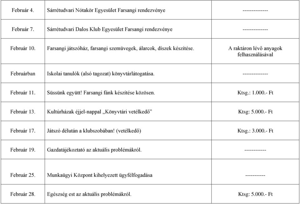 Süssünk együtt! Farsangi fánk készítése közösen. Ktsg.: 1.000.- Ft Február 13. Kultúrházak éjjel-nappal Könyvtári vetélkedő Ktsg: 5.000.- Ft Február 17. Játszó délután a klubszobában!