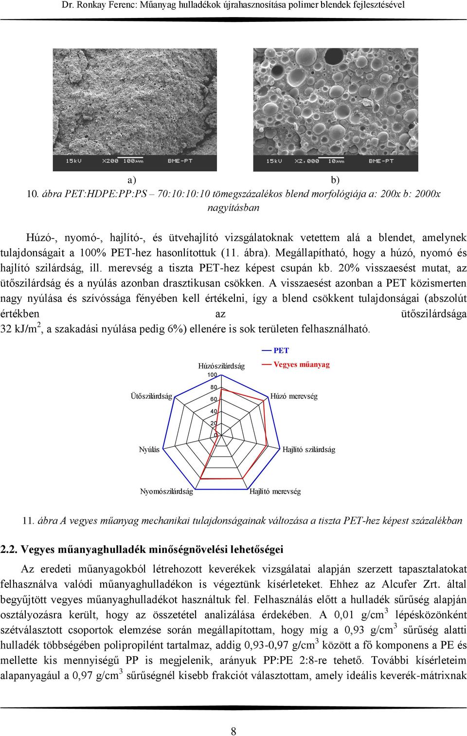 a 100% PET-hez hasonlítottuk (11. ábra). Megállapítható, hogy a húzó, nyomó és hajlító szilárdság, ill. merevség a tiszta PET-hez képest csupán kb.