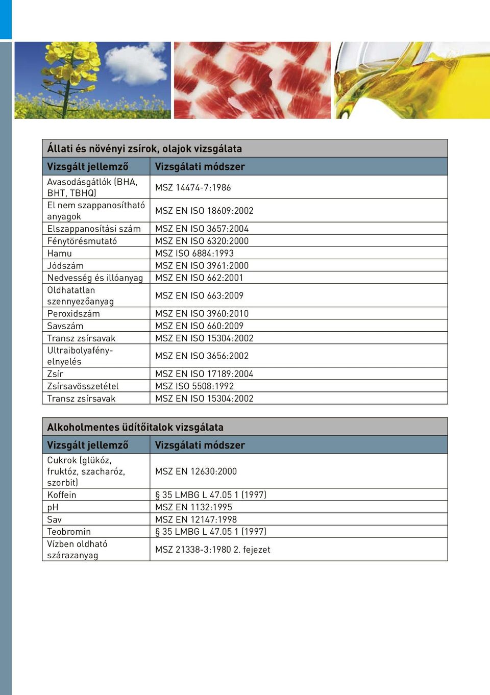 ISO 3960:2010 Savszám MSZ EN ISO 660:2009 Transz zsírsavak MSZ EN ISO 15304:2002 Ultraibolyafényelnyelés MSZ EN ISO 3656:2002 Zsír MSZ EN ISO 17189:2004 Zsírsavösszetétel MSZ ISO 5508:1992 Transz