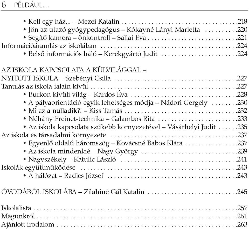 ......................224 AZ ISKOLA KAPCSOLATA A KÜLVILÁGGAL NYITOTT ISKOLA Szebényi Csilla.....................................227 Tanulás az iskola falain kívül............................................227 Burkon kívüli világ Kardos Éva.