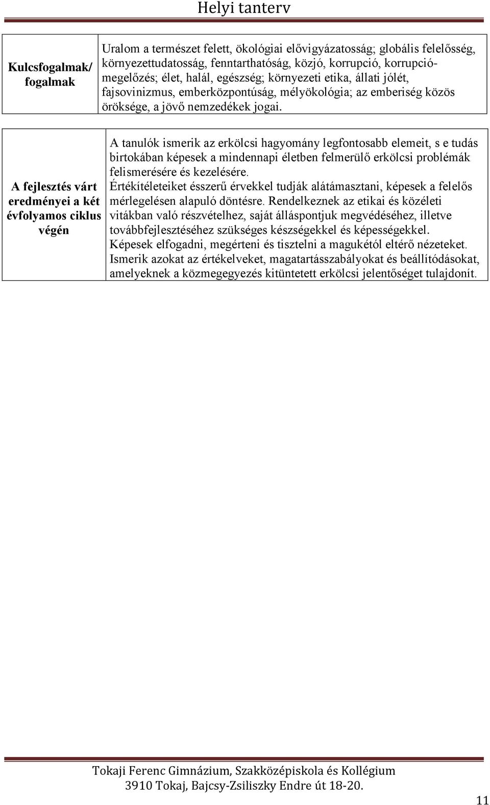 A fejlesztés várt eredményei a két évfolyamos ciklus végén A tanulók ismerik az erkölcsi hagyomány legfontosabb elemeit, s e tudás birtokában képesek a mindennapi életben felmerülő erkölcsi problémák