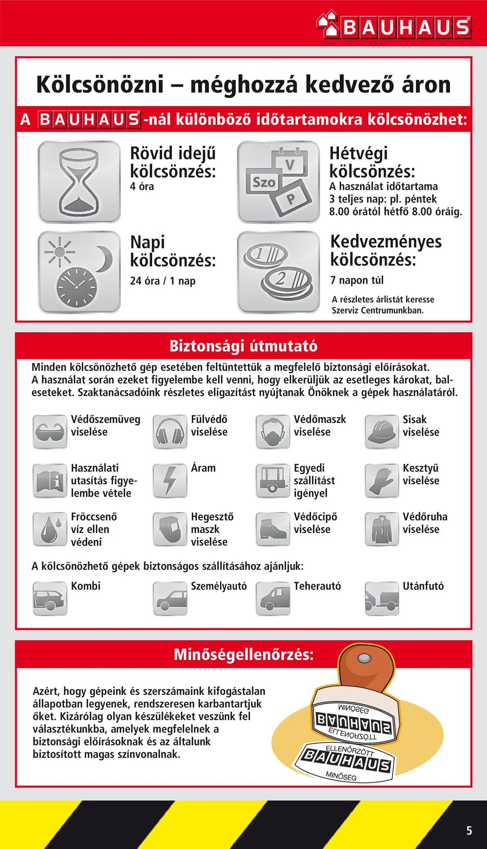 Biztonsági útmutató Minden kölcsönözhetô gép esetében feltüntettük a megfelelô biztonsági elôírásokat.