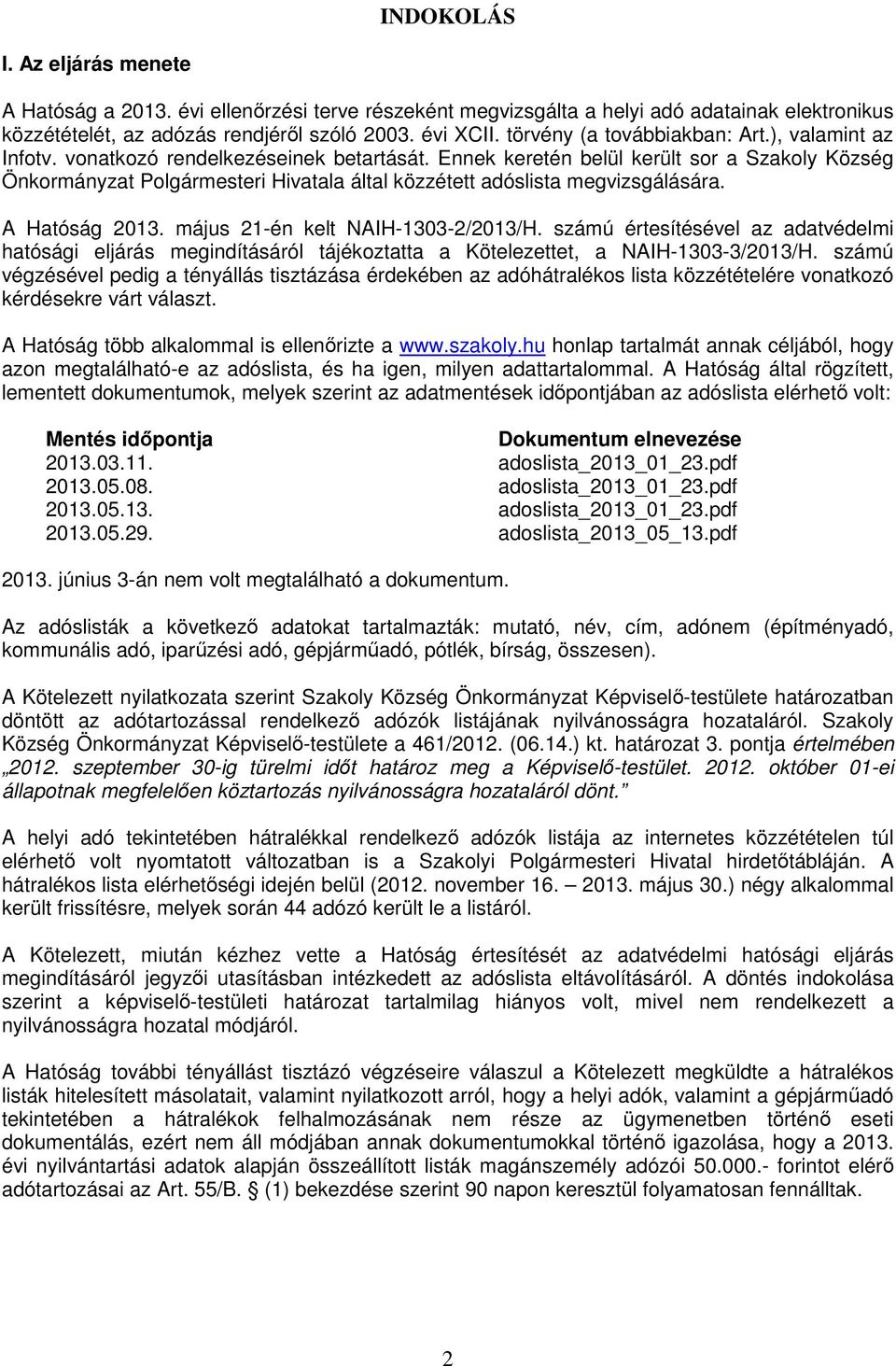 Ennek keretén belül került sor a Szakoly Község Önkormányzat Polgármesteri Hivatala által közzétett adóslista megvizsgálására. A Hatóság 2013. május 21-én kelt NAIH-1303-2/2013/H.