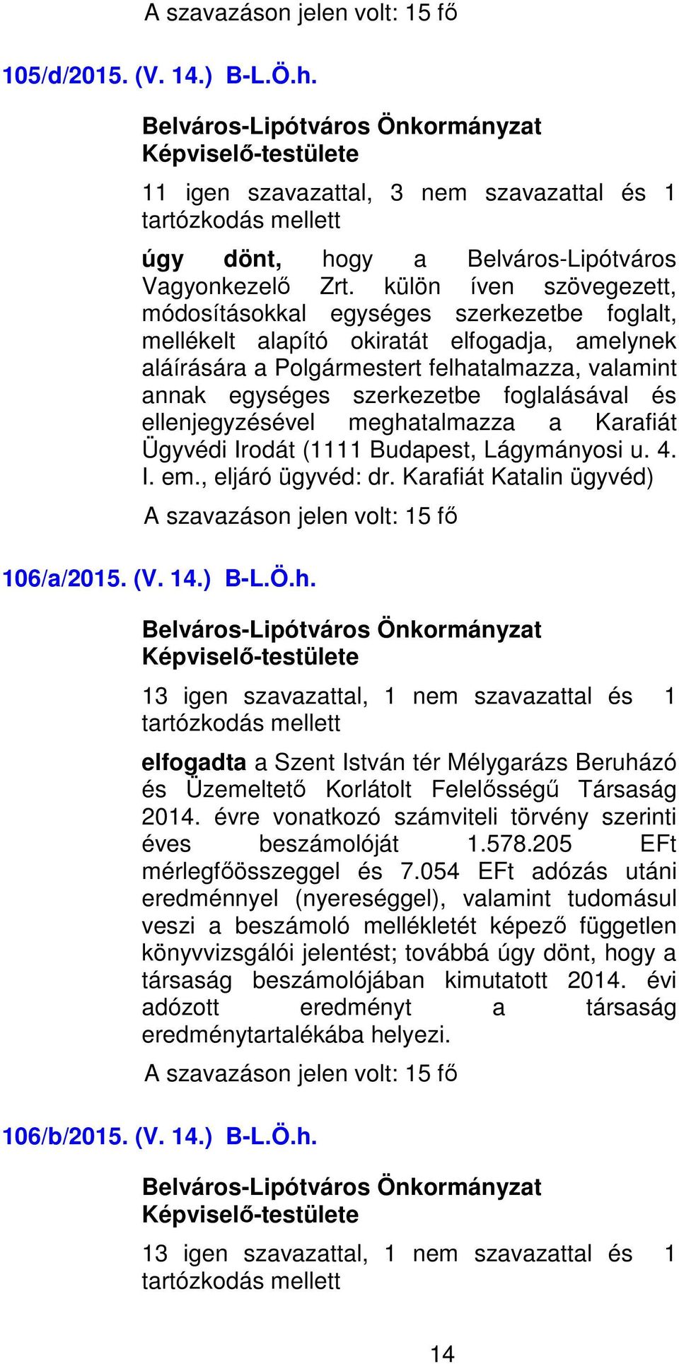 foglalásával és ellenjegyzésével meghatalmazza a Karafiát Ügyvédi Irodát (1111 Budapest, Lágymányosi u. 4. I. em., eljáró ügyvéd: dr. Karafiát Katalin ügyvéd) 106/a/2015. (V. 14.) B-L.Ö.h. 13 igen szavazattal, 1 nem szavazattal és 1 elfogadta a Szent István tér Mélygarázs Beruházó és Üzemeltető Korlátolt Felelősségű Társaság 2014.