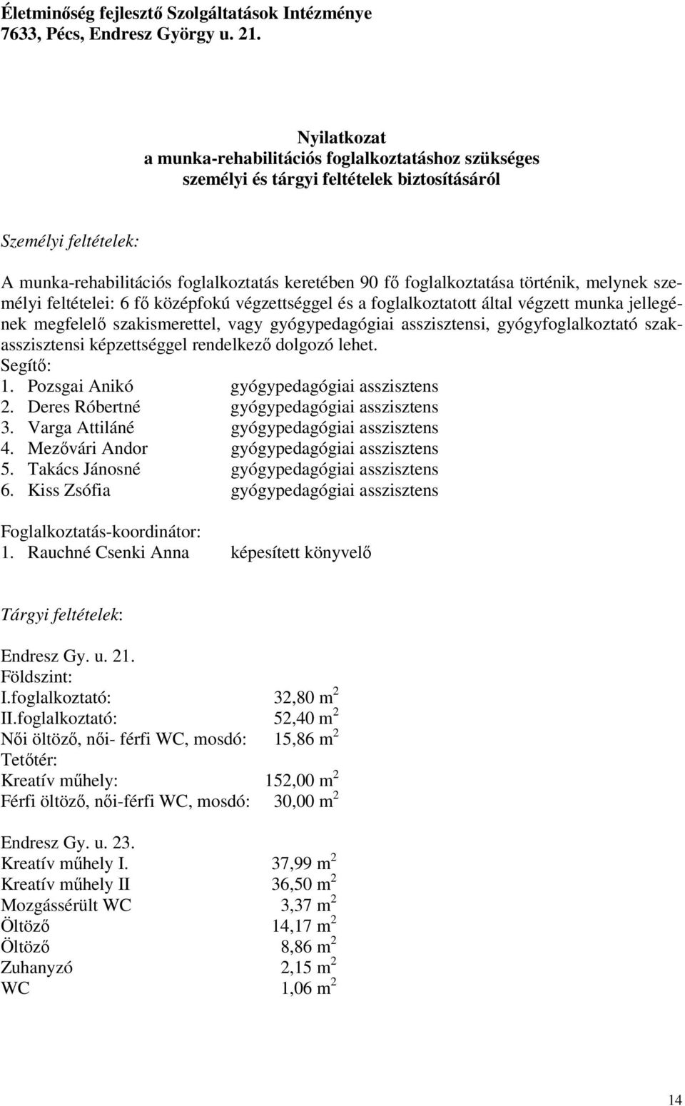 történik, melynek személyi feltételei: 6 f középfokú végzettséggel és a foglalkoztatott által végzett munka jellegének megfelel szakismerettel, vagy gyógypedagógiai asszisztensi, gyógyfoglalkoztató