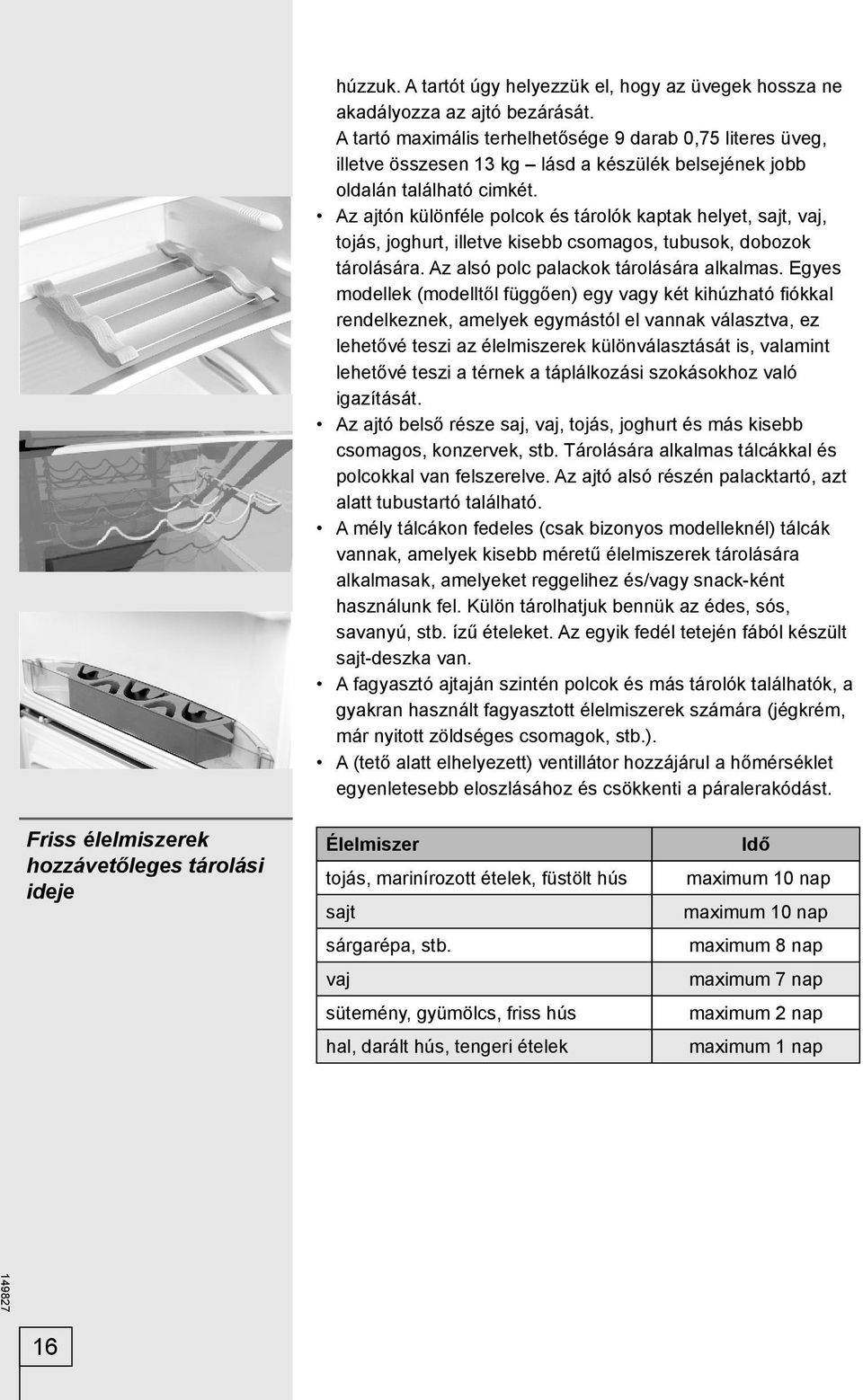 Az ajtón különféle polcok és tárolók kaptak helyet, sajt, vaj, tojás, joghurt, illetve kisebb csomagos, tubusok, dobozok tárolására. Az alsó polc palackok tárolására alkalmas.