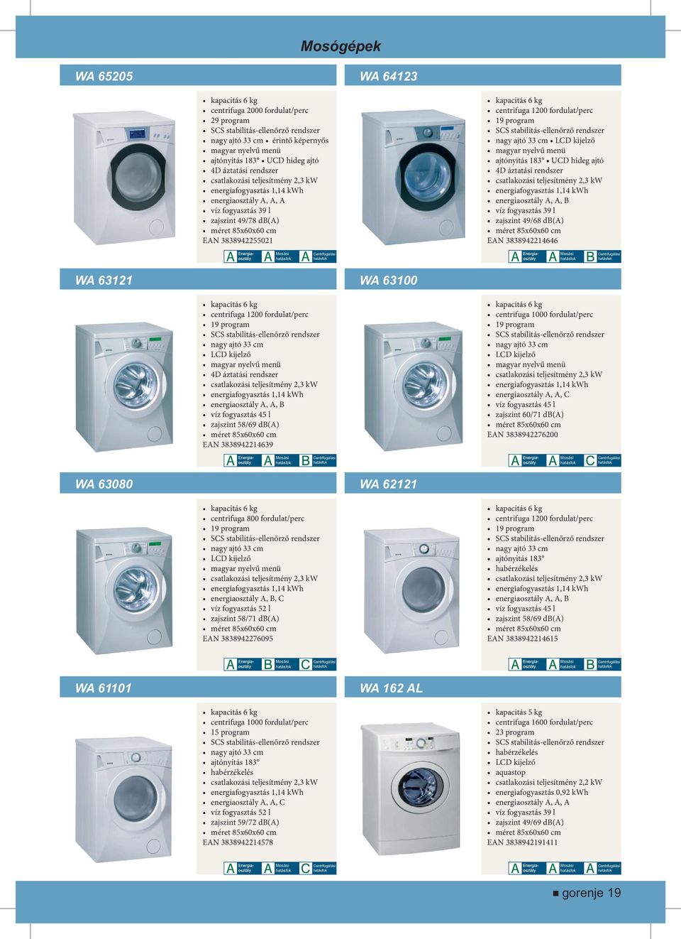 fordulat/perc 19 program SCS stabilitás-ellenőrző rendszer nagy ajtó 33 cm LCD kijelző magyar nyelvű menü ajtónyitás 183 UCD hideg ajtó 4D áztatási rendszer csatlakozási teljesítmény 2,3 kw