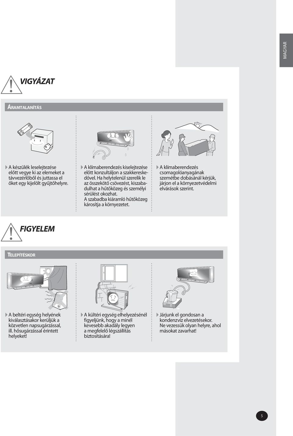 A szabadba kiáramló hűtőközeg károsítja a környezetet. A klímaberendezés csomagolóanyagának szemétbe dobásánál kérjük, járjon el a környezetvédelmi elvárások szerint.