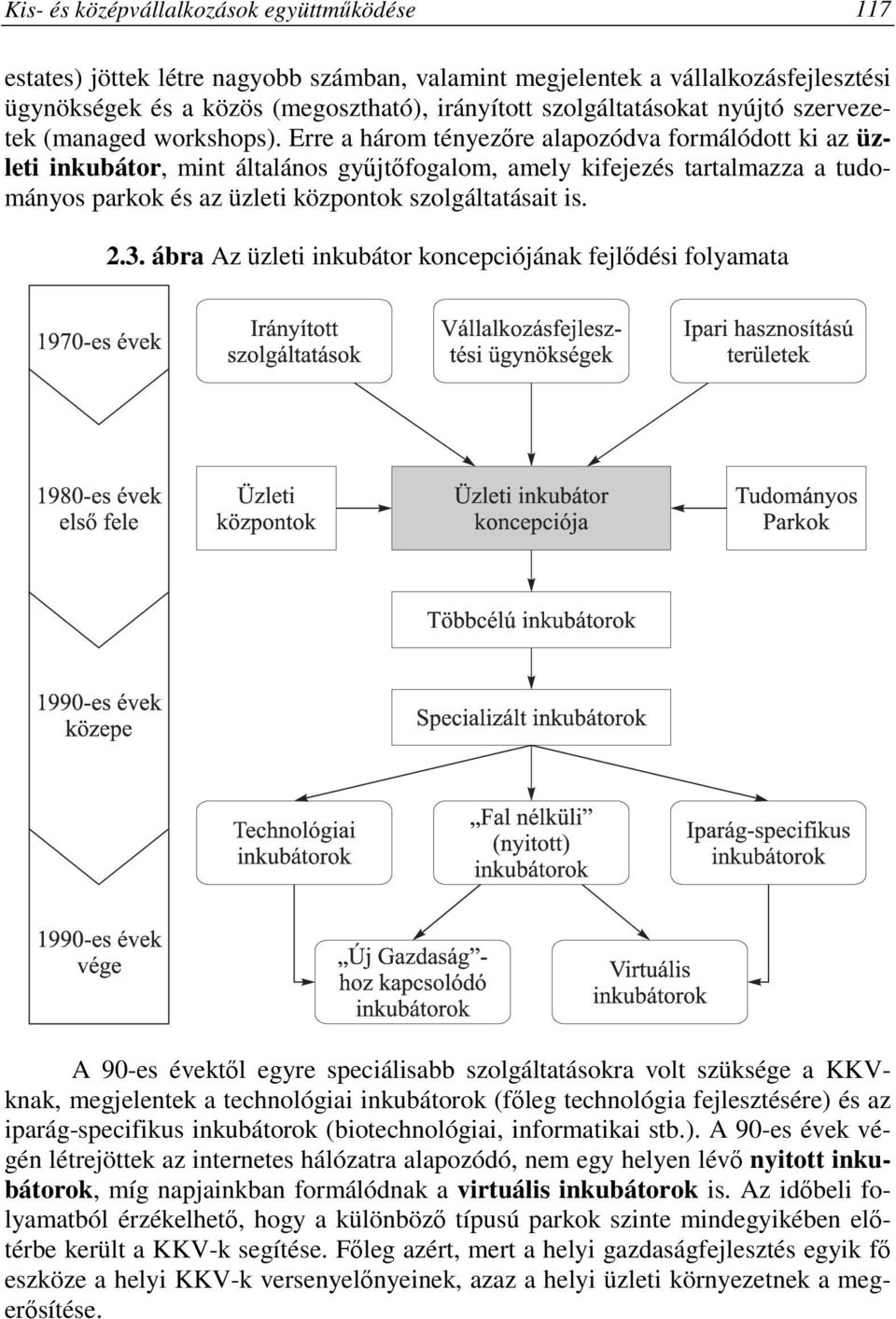 Erre a három tényezıre alapozódva formálódott ki az üzleti inkubátor, mint általános győjtıfogalom, amely kifejezés tartalmazza a tudományos parkok és az üzleti központok szolgáltatásait is. 2.3.