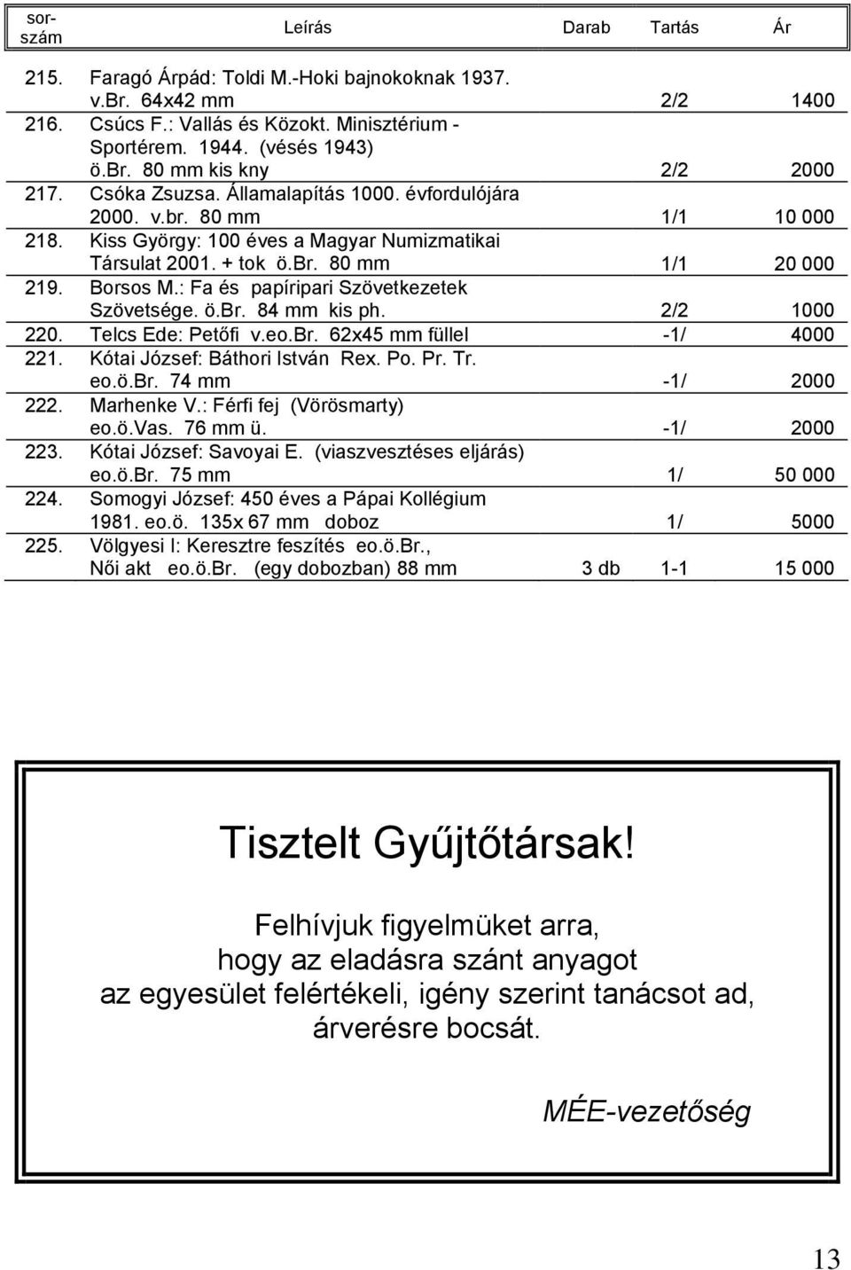 : Fa és papíripari Szövetkezetek Szövetsége. ö.br. 84 mm kis ph. 2/2 1000 220. Telcs Ede: Petőfi v.eo.br. 62x45 mm füllel -1/ 4000 221. Kótai József: Báthori István Rex. Po. Pr. Tr. eo.ö.br. 74 mm -1/ 2000 222.