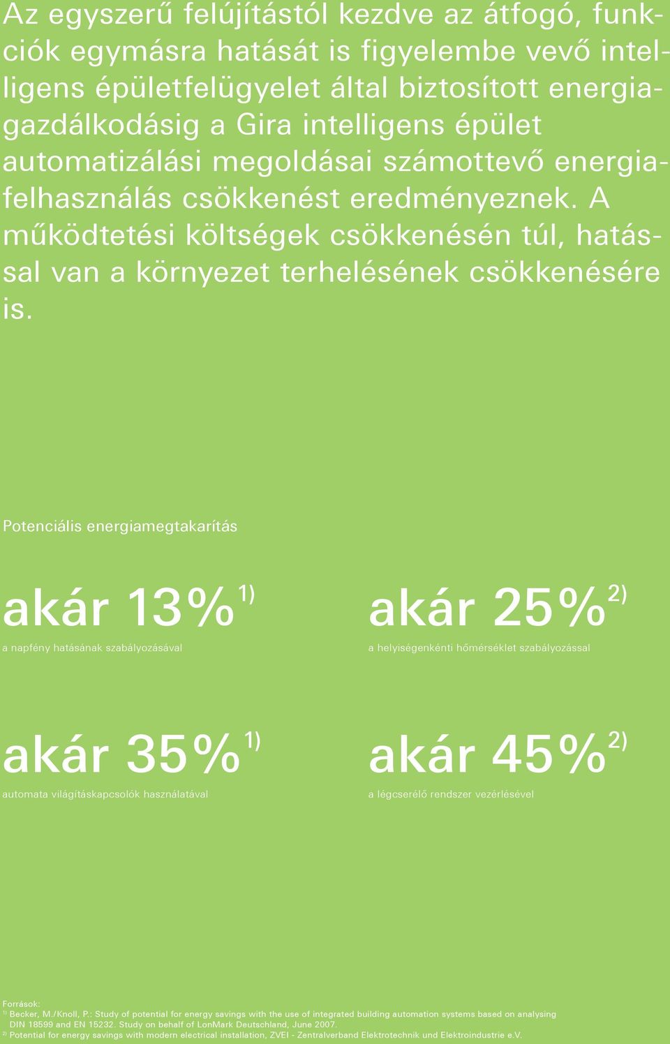 Potenciális energiamegtakarítás akár 13 % 1) a napfény hatásának szabályozásával akár 25 % 2) a helyiségenkénti hőmérséklet szabályozással akár 35 % 1) automata világításkapcsolók használatával akár