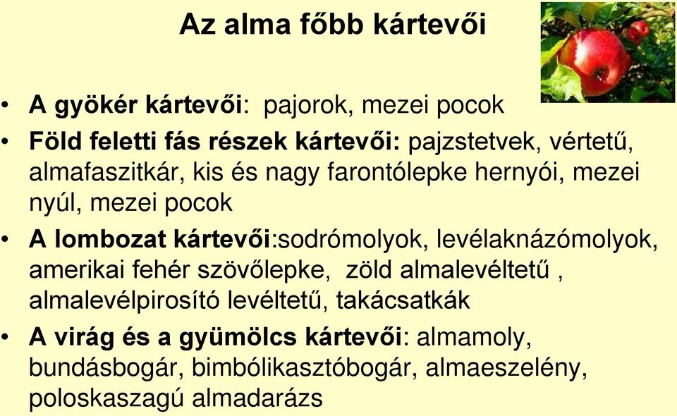 kártevői:sodrómolyok, levélaknázómolyok, amerikai fehér szövőlepke, zöld almalevéltetű, almalevélpirosító