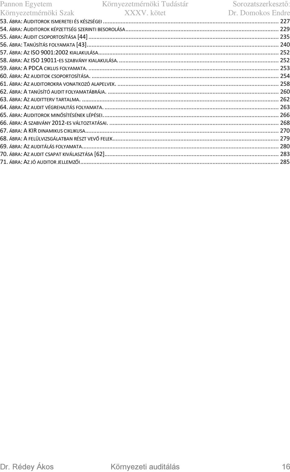 ÁBRA: AZ AUDITOROKRA VONATKOZÓ ALAPELVEK.... 258 62. ÁBRA: A TANÚSÍTÓ AUDIT FOLYAMATÁBRÁJA.... 260 63. ÁBRA: AZ AUDITTERV TARTALMA.... 262 64. ÁBRA: AZ AUDIT VÉGREHAJTÁS FOLYAMATA.... 263 65.