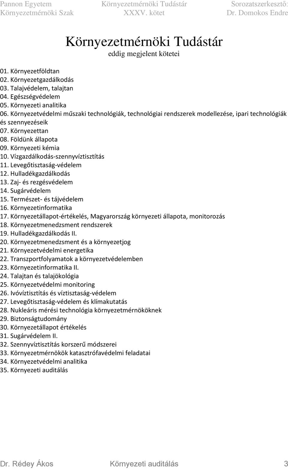 Vízgazdálkodás-szennyvíztisztítás 11. Levegőtisztaság-védelem 12. Hulladékgazdálkodás 13. Zaj- és rezgésvédelem 14. Sugárvédelem 15. Természet- és tájvédelem 16. Környezetinformatika 17.