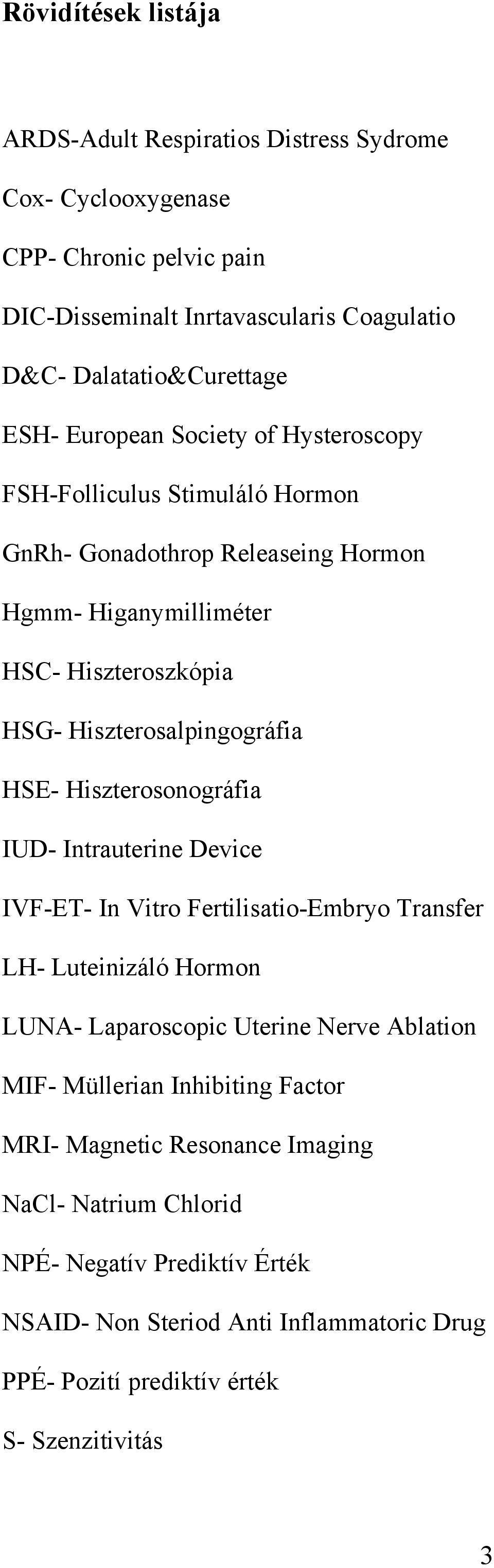 Hiszterosonográfia IUD- Intrauterine Device IVF-ET- In Vitro Fertilisatio-Embryo Transfer LH- Luteinizáló Hormon LUNA- Laparoscopic Uterine Nerve Ablation MIF- Müllerian