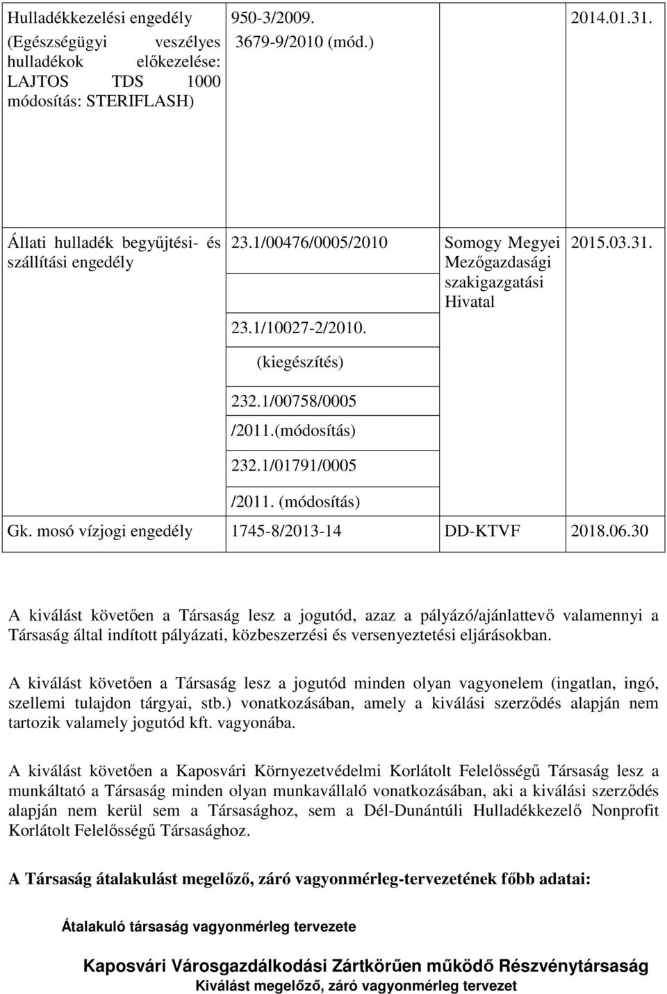 1/01791/0005 2015.03.31. /2011. (módosítás) Gk. mosó vízjogi engedély 1745-8/2013-14 DD-KTVF 2018.06.