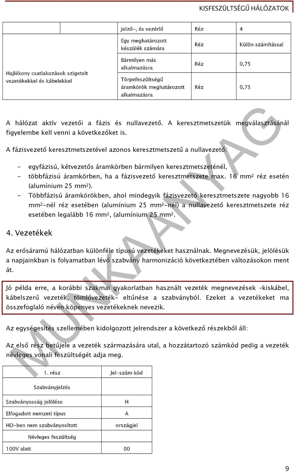 A fázisvezető keresztmetszetével azonos keresztmetszetű a nullavezető: - egyfázisú, kétvezetős áramkörben bármilyen keresztmetszeténél, - többfázisú áramkörben, ha a fázisvezető keresztmetszete max.