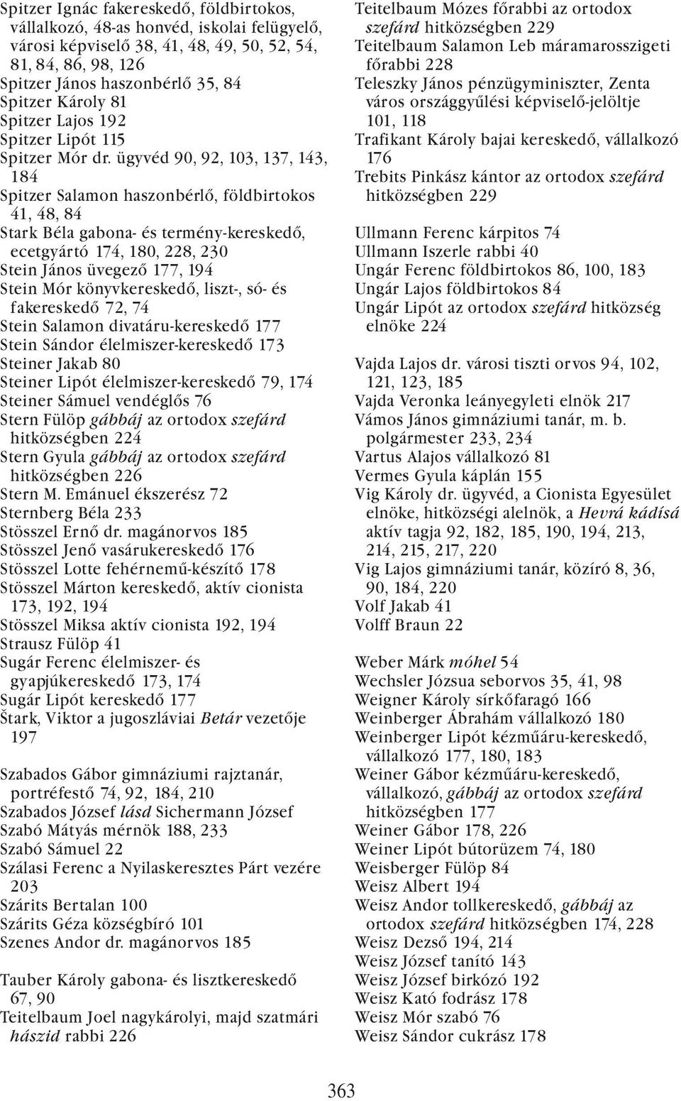 ügyvéd 90, 92, 103, 137, 143, 184 Spitzer Salamon haszonbérlő, földbirtokos 41, 48, 84 Stark Béla gabona- és termény-kereskedő, ecetgyártó 174, 180, 228, 230 Stein János üvegező 177, 194 Stein Mór