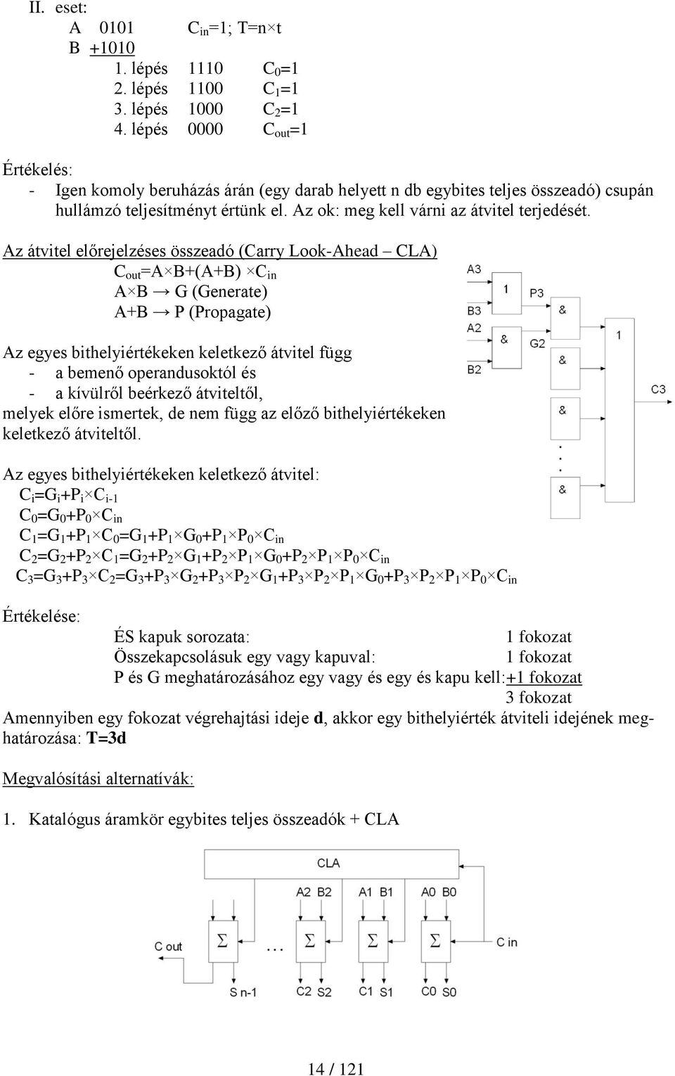 Az átvitel előrejelzéses összeadó (Carry Look-Ahead CLA) C out =A B+(A+B) C in A B G (Generate) A+B P (Propagate) Az egyes bithelyiértékeken keletkező átvitel függ - a bemenő operandusoktól és - a