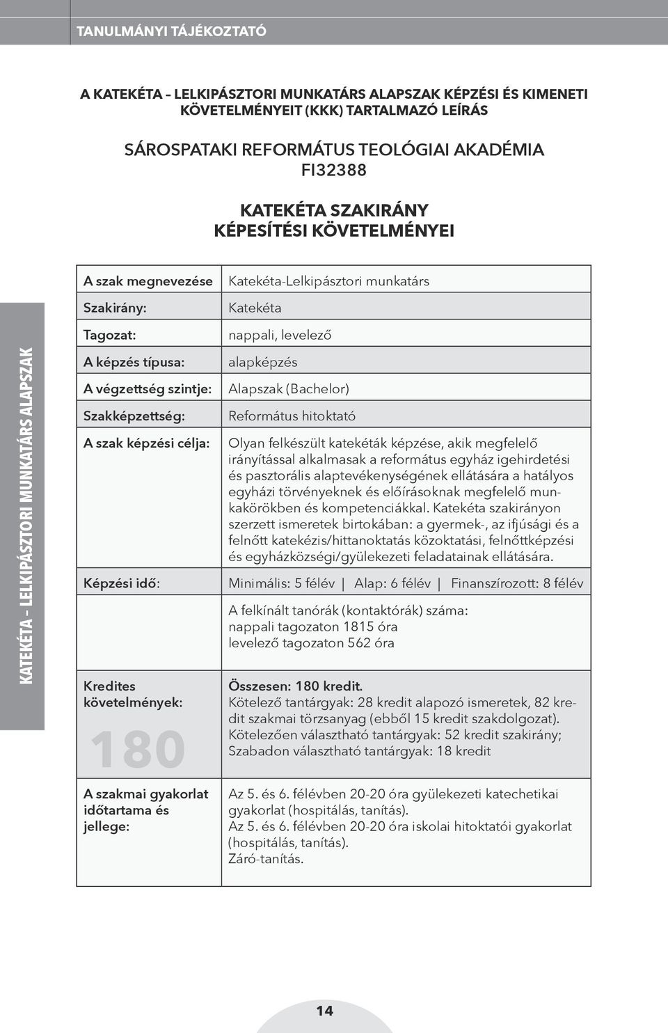 Kredites követelmények: 180 A szakmai gyakorlat időtartama és jellege: Katekéta-Lelkipásztori munkatárs Katekéta nappali, levelező alapképzés Alapszak (Bachelor) Református hitoktató Olyan felkészült