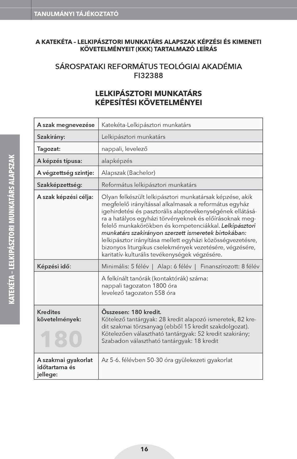 Kredites követelmények: 180 A szakmai gyakorlat időtartama és jellege: Katekéta-Lelkipásztori munkatárs Lelkipásztori munkatárs nappali, levelező alapképzés Alapszak (Bachelor) Református