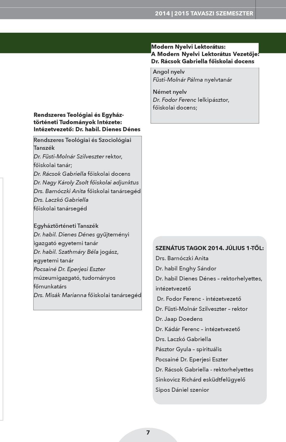 Dienes Dénes Rendszeres Teológiai és Szociológiai Tanszék Dr. Füsti-Molnár Szilveszter rektor, főiskolai tanár; Dr. Rácsok Gabriella főiskolai docens Dr. Nagy Károly Zsolt főiskolai adjunktus Drs.